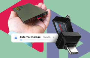 Agora é a hora de usar a porta USB-C do seu telefone para armazenamento extra Um smartphone rotulado como 512 GB fisgado como uma isca, cercado por notas de dólar caindo, com dois telefones de 256 GB abaixo.