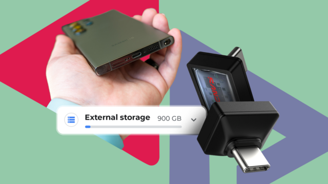 Um smartphone rotulado como 512 GB fisgado como uma isca, cercado por notas de dólar caindo, com dois telefones de 256 GB abaixo.