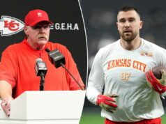 Andy Reid revela que há ‘comunicação’ com Travis Kelce sobre o retorno do Chiefs em 2026 Travis Kelce segurando uma bola de futebol, vestindo uma camisa branca de mangas compridas do Kansas City Chiefs com o número 87.