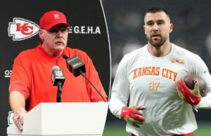 Andy Reid revela que há ‘comunicação’ com Travis Kelce sobre o retorno do Chiefs em 2026 Travis Kelce segurando uma bola de futebol, vestindo uma camisa branca de mangas compridas do Kansas City Chiefs com o número 87.