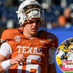 O quarterback do Texas Longhorns, Arch Manning (16), durante o aquecimento pré-jogo antes do Cheez-Its Bowl em Orlando, Flórida.