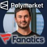 Retrato de Ari Borod centralizado em uma moldura circular, com o logotipo e o nome da Polymarket na parte superior e o logotipo e o nome da Fanatics na parte inferior, contra um fundo azul escuro.
