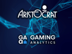 Aristocrat anuncia a aquisição da Gaming Analytics, Inc Aristocrat anuncia a aquisição da Gaming Analytics, Inc. Logotipos da Aristocrat e Gaming Analytics sobre um fundo azul futurista