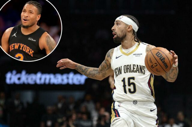 27 de janeiro de 2026; Nova Iorque, Nova Iorque, EUA; O guarda do New York Knicks, Miles McBride (2), reage durante o segundo quarto contra o Sacramento Kings no Madison Square Garden. Crédito obrigatório: Brad Penner-Imagn Images