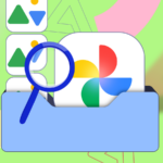 Homem confuso segurando um telefone cercado por ícones do Google Fotos e uma barra de pesquisa com alertas de erro.