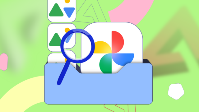 Homem confuso segurando um telefone cercado por ícones do Google Fotos e uma barra de pesquisa com alertas de erro.