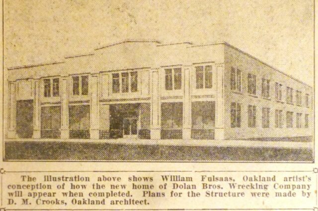 Berkeley, uma retrospectiva: mulher baleada por policial em 1926 deve Esta bela nova estrutura para abrigar uma grande empresa especializada na demolição de edifícios foi planejada no início de 1926 para construção na esquina sudoeste das avenidas Ashby e San Pablo, em Berkeley. (foto cortesia da Sociedade Histórica e Museu de Berkeley)