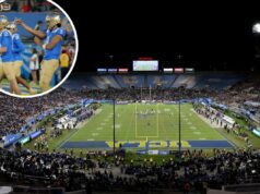 Bowl garante grande vitória para manter os Bruins em Pasadena Vista aérea do estádio Rose Bowl em Pasadena, Califórnia, com a marca UCLA.