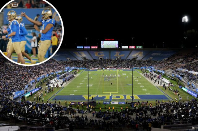 Vista aérea do estádio Rose Bowl em Pasadena, Califórnia, com a marca UCLA.