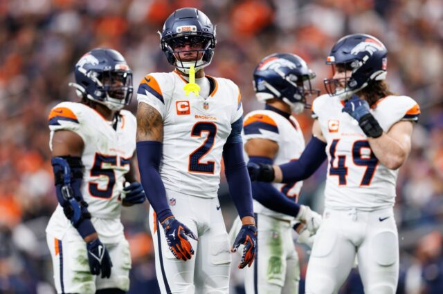 Denver Broncos players during Las Vegas Raiders game