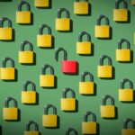 closed padlocks on a green background with the exception of one lock, in red, that's open, symbolizing badly handled data breaches