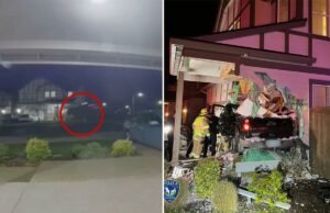 Caminhão bate na casa de uma família no Oregon depois de ser lançado a 30 metros de altura Um círculo vermelho destaca um caminhão no ar, acima de uma rua residencial à noite.