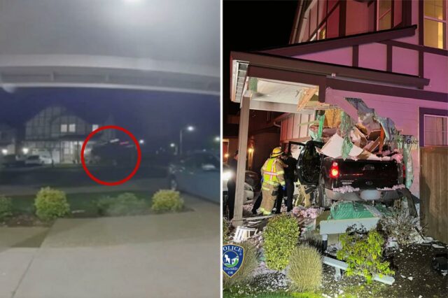 Um círculo vermelho destaca um caminhão no ar, acima de uma rua residencial à noite.