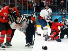 Canadá Tom Wilson é expulso por brigar em cenário de fogo nas Olimpíadas Tom Wilson, do Canadá, enfrenta Pierre Crinon, da França, durante um jogo de hóquei nas Olimpíadas em 15 de fevereiro de 2026.