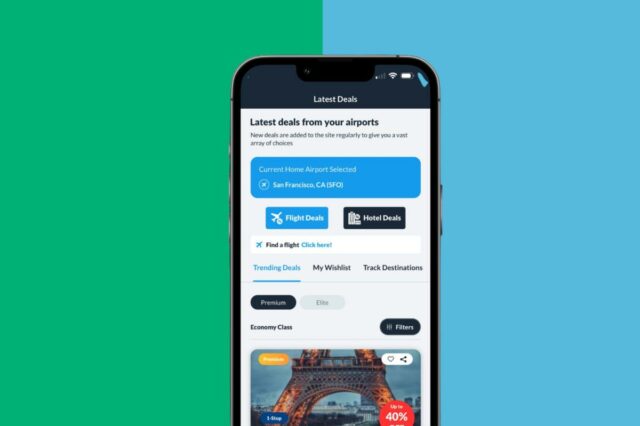 Aplicativo OneAir exibindo um voo de São Francisco para Manila por US$ 1.588, com um preço de reemissão identificado de economia de US$ 1.273.