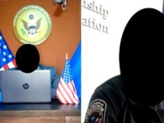 Cidadãos colombianos supostamente administravam um falso escritório de advocacia e se faziam passar por juízes federais para fraudar US$ 100 mil de migrantes Pessoa atrás de um laptop com o selo do Tribunal de Apelações do Sétimo Circuito dos EUA ao fundo.