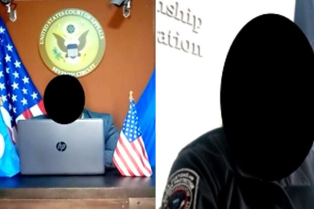 Pessoa atrás de um laptop com o selo do Tribunal de Apelações do Sétimo Circuito dos EUA ao fundo.