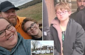 Clayton Dietz, com cara de bebê, acusado de matar o pai adotivo no Nintendo Switch, levado ao tribunal algemado Uma família de três pessoas sorrindo para uma selfie ao ar livre.