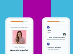 Comece a falar um novo idioma em um mês com 61% de desconto na Babbel Uma mão segurando um smartphone exibindo opções de revisão: ouvir, falar, flashcards e escrever com sobreposição de texto