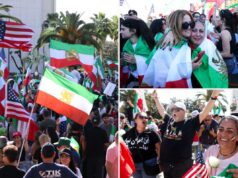 Comemorações acontecem nos Estados Unidos por causa dos ataques contra a República Islâmica Pessoas numa manifestação contra o establishment governante do Irão em Los Angeles.