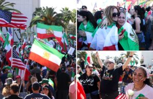 Comemorações acontecem nos Estados Unidos por causa dos ataques contra a República Islâmica Pessoas numa manifestação contra o establishment governante do Irão em Los Angeles.