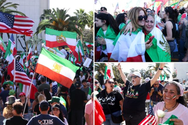 Pessoas numa manifestação contra o establishment governante do Irão em Los Angeles.