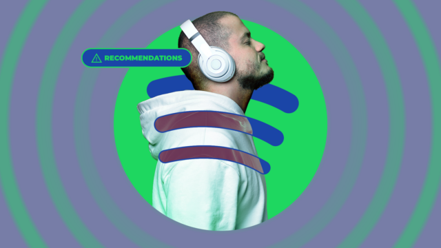 Logotipo do Spotify usando fones de ouvido pretos, cercado por ícones flutuantes de notas musicais verdes em um fundo gradiente.