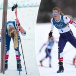 Jessie Diggins, dos Estados Unidos, reage após cruzar a linha de chegada no esqui cross country feminino de 10 km + 10 km de esquiatlo nos Jogos Olímpicos de Inverno de 2026, em Tesero, Itália, no sábado, 7 de fevereiro de 2026.