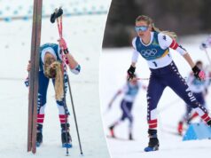 Como um ‘grande acidente’ impediu a primeira medalha da equipe dos EUA nas Olimpíadas de 2026 Jessie Diggins, dos Estados Unidos, reage após cruzar a linha de chegada no esqui cross country feminino de 10 km + 10 km de esquiatlo nos Jogos Olímpicos de Inverno de 2026, em Tesero, Itália, no sábado, 7 de fevereiro de 2026.