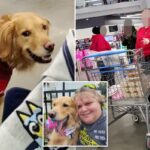 Crystal Pratt sorri com seu cão de serviço, um golden retriever, que segura uma bola de tênis rosa na boca.