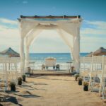 Casamento tropical na praia com palmeiras.