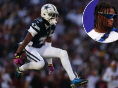 Cowboys tomam decisão de marca de franquia de George Pickens por US$ 28 milhões O recebedor dos Cowboys, George Pickens, comemora contra os Commanders em 25 de dezembro de 2025.