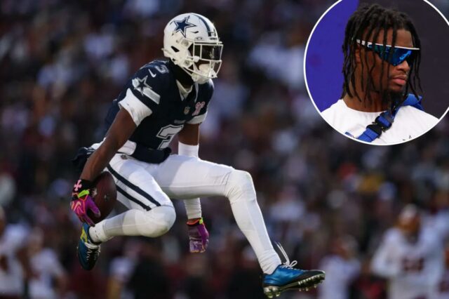 O recebedor dos Cowboys, George Pickens, comemora contra os Commanders em 25 de dezembro de 2025.