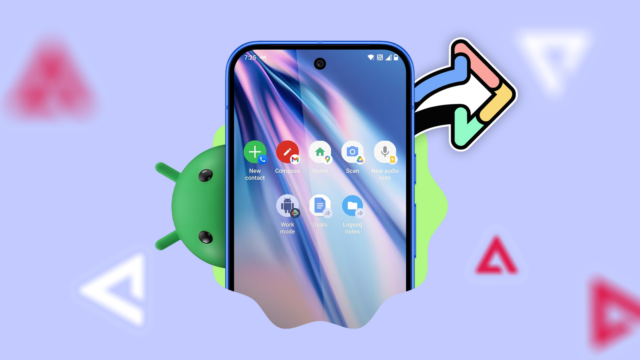 Criei uma tela inicial apenas com atalhos e reduzi meu Um mascote 3D do Android cercado por ícones que representam recursos como tela dividida, histórico da área de transferência, configurações rápidas, automação e navegação por gestos.