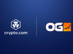 Crypto.com aposta tudo nos mercados de previsão com o novo aplicativo OG Fundo azul com o logotipo da Crypto.com à esquerda e o logotipo da OG à direita. Crypto.com aposta tudo nos mercados de previsão com o novo aplicativo OG