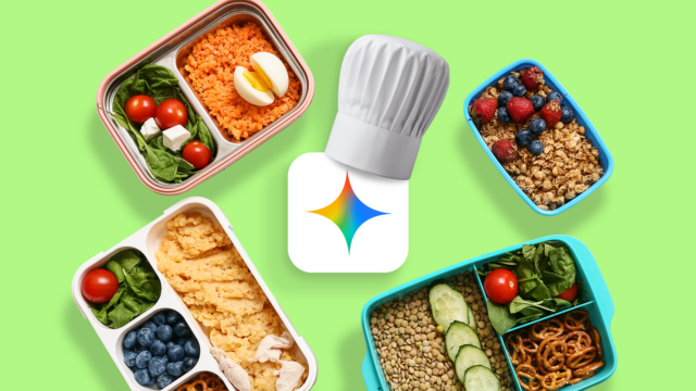 Mão saindo de um telefone segurando um cartão Gemini, com ícones de relâmpagos, brilhos e uma lâmpada ao redor