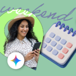 Uma mulher sentada em um sofá usando o telefone, cercada pelos logotipos do Gmail, Drive, Docs, YouTube e Gemini.