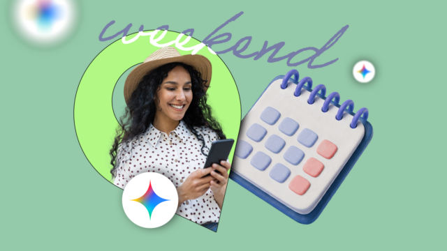 Uma mulher sentada em um sofá usando o telefone, cercada pelos logotipos do Gmail, Drive, Docs, YouTube e Gemini.