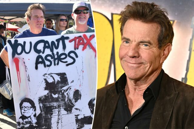 Dennis Quaid entre os manifestantes em Pacific Palisades.