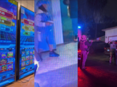 Deputados de Sacramento desmantelam ampla rede de jogos ilegais após longa investigação Uma imagem de três painéis mostra máquinas de jogo estilo caça-níqueis com displays coloridos de jackpot, uma cena interna desfocada com uma pessoa perto do equipamento de jogo e policiais detendo um homem com as mãos levantadas ao lado de um carro à noite sob luzes vermelhas e azuis piscando. Deputados de Sacramento desmantelam ampla rede de jogos ilegais após longos meses de investigação