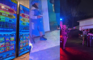 Deputados de Sacramento desmantelam ampla rede de jogos ilegais após longa investigação Uma imagem de três painéis mostra máquinas de jogo estilo caça-níqueis com displays coloridos de jackpot, uma cena interna desfocada com uma pessoa perto do equipamento de jogo e policiais detendo um homem com as mãos levantadas ao lado de um carro à noite sob luzes vermelhas e azuis piscando. Deputados de Sacramento desmantelam ampla rede de jogos ilegais após longos meses de investigação