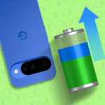 Telefones Pixel e Galaxy flutuando em torno de um grande número 7 vermelho com um ícone de bateria descarregando.