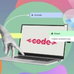 Uma colagem de uma pessoa usando um laptop, com um campo de entrada de prompt no centro e alguns ícones relacionados à produtividade conectados a ele.