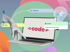 Desenvolvi um aplicativo sem código em segundos – ainda é meu experimento favorito do Google Uma colagem de uma pessoa usando um laptop, com um campo de entrada de prompt no centro e alguns ícones relacionados à produtividade conectados a ele.