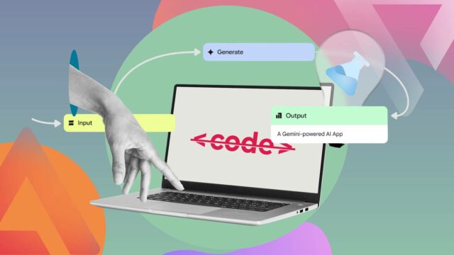 Uma colagem de uma pessoa usando um laptop, com um campo de entrada de prompt no centro e alguns ícones relacionados à produtividade conectados a ele.