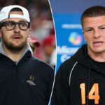 Um homem usando um boné branco virado para trás, óculos e uma jaqueta preta com um