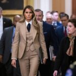 US First Lady Melania Trump walks to a meeting to urge passage of the Take It Down Act by the US Senate which protects victims of real and deepfake “revenge pornography” by criminalizing their publication.