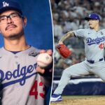 Anthony Banda, do Los Angeles Dodgers, segurando uma bola de beisebol e usando uma luva azul-petróleo.