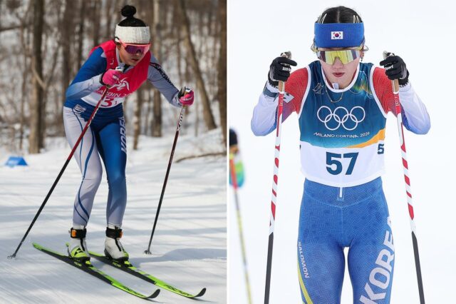 Dasom Han, da equipe da República da Coreia, compete no esquiatlo feminino 10 km + 10 km no primeiro dia dos Jogos Olímpicos de Inverno Milano Cortina 2026, no Estádio de Esqui Cross-Country Tesero, em 7 de fevereiro de 2026, em Val di Fiemme, Itália.