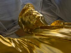 ‘Don Colossus’, uma estátua dourada de Trump, aguarda sua casa As estátuas douradas de Trump ficam sob sua tenda protetora.